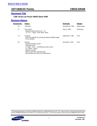 Samsung K6T1008C2C Family CMOS SRAM Datasheet - cover page