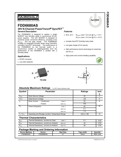 Fairchild FDD6680AS 30V N-Channel PowerTrench SyncFET Datasheet - cover page