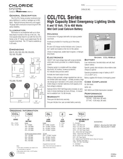 CHLORIDE CCL/TCL Series High Capacity Steel Emergency Lighting Units 6 12 Volt 75 to 450 Watts Wet Cell Lead Calcium Battery - cover page