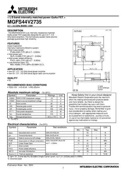Mitsubishi Electric MGFS44V2735 GaAs FET Datasheet - cover page