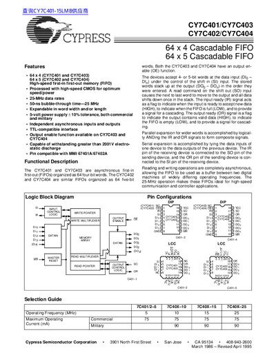 CYPRESS CY7C401/CY7C403 CY7C402/CY7C404 Manual - cover page