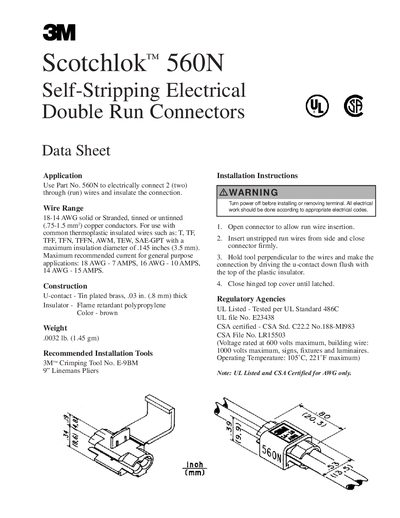 3M Scotchlok 560N Self-Stripping Electrical Connector Data Sheet - cover page