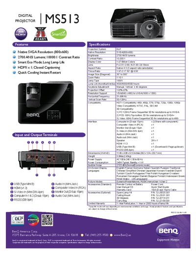 BenQ MS513 Digital Projector Product Leaflet - cover page