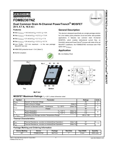 Fairchild FDMB2307NZ Dual Common Drain N-Channel PowerTrench MOSFET Datasheet - cover page