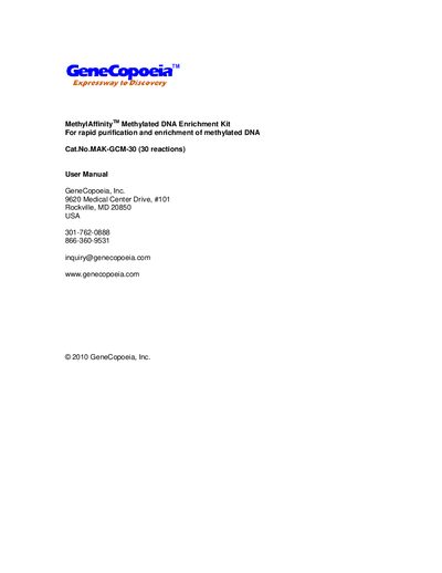 GeneCopoeia MAK-GCM-30 MethylAffinity Methylated DNA Enrichment Kit User Manual - cover page