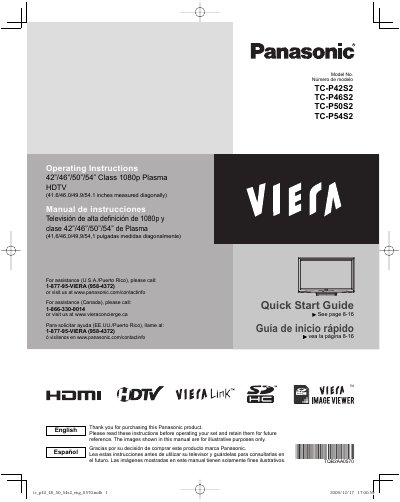 Panasonic TC-P42S2 TC-P46S2 TC-P50S2 TC-P54S2 Plasma HDTV Owner's Manual - cover page