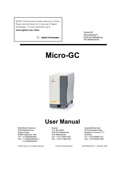 Varian Micro-GC Micro Gas Chromatograph User Manual - cover page