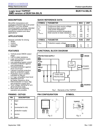 Philips BUK114-50L/S Logic Level TOPFET Product Specification Datasheet