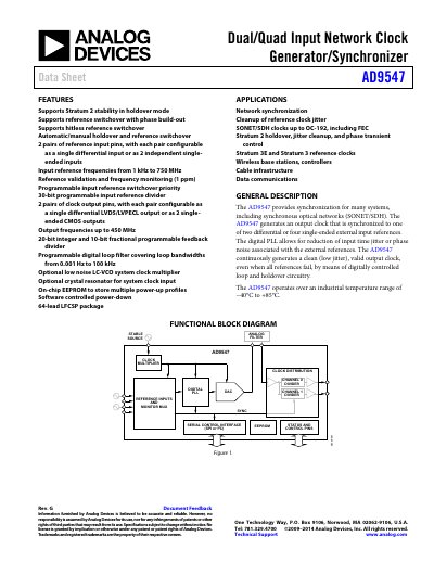 Analog Devices AD9547 Dual/Quad Input Network Clock Generator/Synchronizer Data Sheet