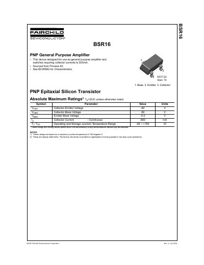 Fairchild BSR16 PNP Transistor Datasheet - cover page
