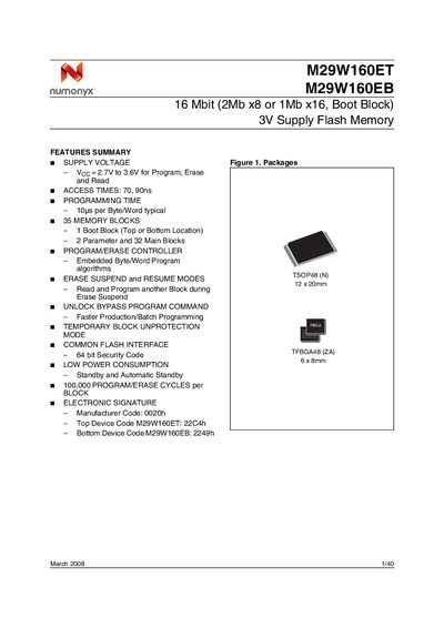 NUMONYX M29W160ET M29W160EB 16 Mbit (2Mb x8 or 1Mb x16 Boot Block) 3V Supply Flash Memory Manual - cover page