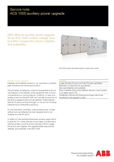 ABB ACS 1000 Auxiliary Power Upgrade Service Note - cover page