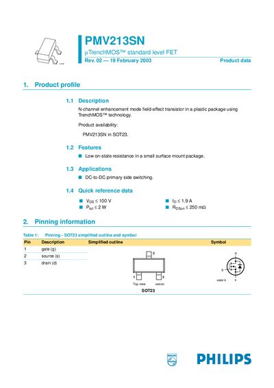Philips PMV213SN TrenchMOS Standard Level FET Product Data - cover page