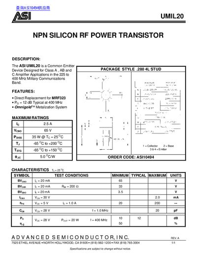 ASI UMIL20 NPN Silicon RF Power Transistor Datasheet - cover page
