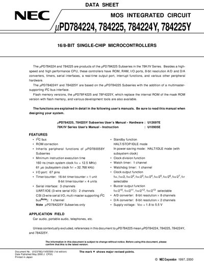 NEC UPD784224/784225/784224Y/784225Y Datasheet - cover page