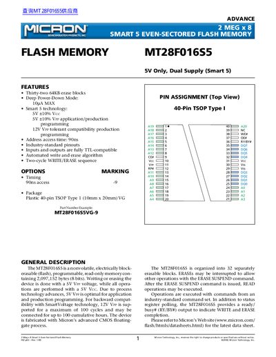 Micron MT28F016S5 2 Meg x 8 Smart 5 Flash Memory Datasheet - cover page