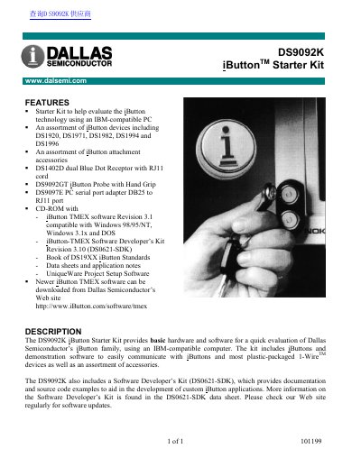 Dallas Semiconductor DS9092K iButton Starter Kit Product Description - cover page
