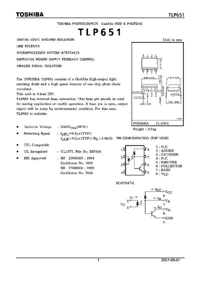 Toshiba TLP651 Optocoupler Datasheet - cover page