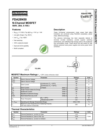 Fairchild Semiconductor FDA28N50 N-Channel MOSFET Datasheet