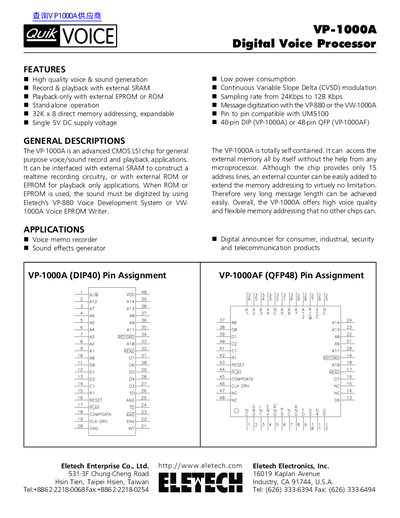 Eletech VP-1000A Digital Voice Processor Datasheet - cover page