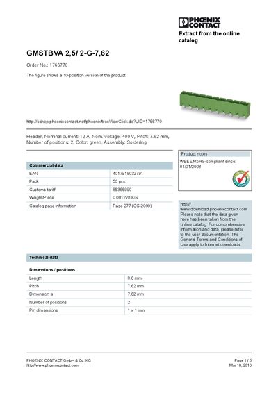 PHOENIX CONTACT GMSTBVA 2 5/ 2-G-7 62 Order No.: 1766770 The figure shows a 10-position version of the product handbook - cover page