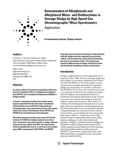 Agilent Technologies 6890/5973 Determination of Alkylphenols in Sewage Sludge Application Note - cover page