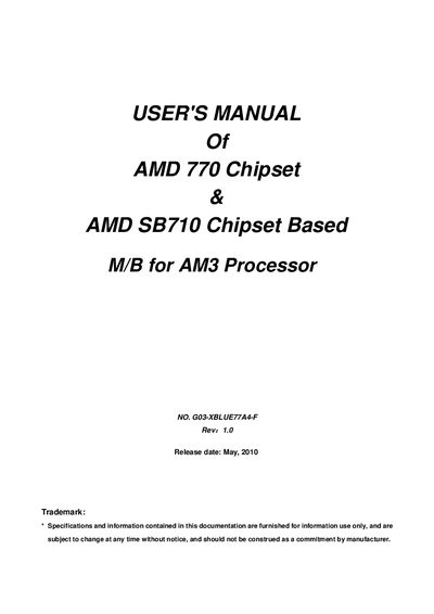 AMD 770 Chipset AMD SB710 Chipset Based M/B for AM3 Processor user manual