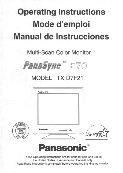 Panasonic TX-D7F21 Multi-Scan Color Monitor Operating Instructions - cover page
