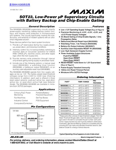 Maxim MAX6365/MAX6368 SOT23 Low-Power uP Supervisory Circuits Battery Backup Chip-Enable Gating Datasheet - cover page
