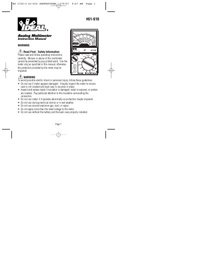 IDEAL 61-610 Analog Multimeter Instruction Manual - cover page