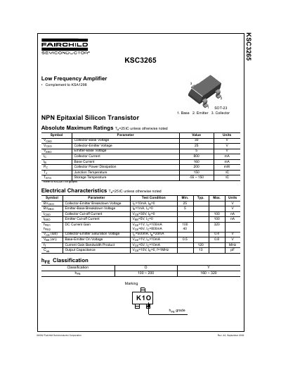 Fairchild Semiconductor KSC3265 NPN Transistor Datasheet - cover page