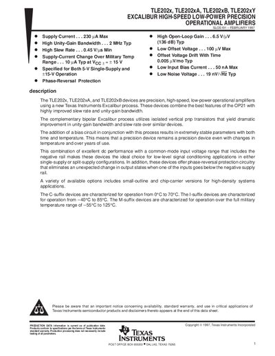 TEXAS INSTRUMENTS TLE202x TLE202xA TLE202xB TLE202xY EXCALIBUR HIGH-SPEED LOW-POWER PRECISION OPERATIONAL AMPLIFIERShandbook - cover page