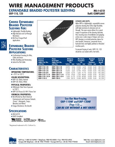 Alpha GRP-110/120 Expandable Braided Polyester Sleeving Product Leaflet - cover page