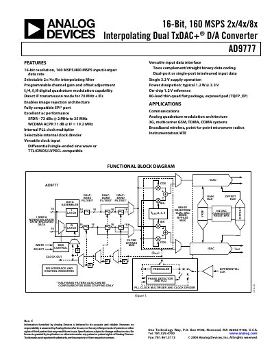 Analog Devices AD9777 16‑Bit 160 MSPS Dual TxDAC+ D/A Converter Datasheet - cover page