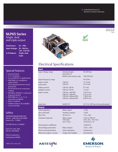 Emerson Network Power NLP65 Series Embedded Power Datasheet - cover page