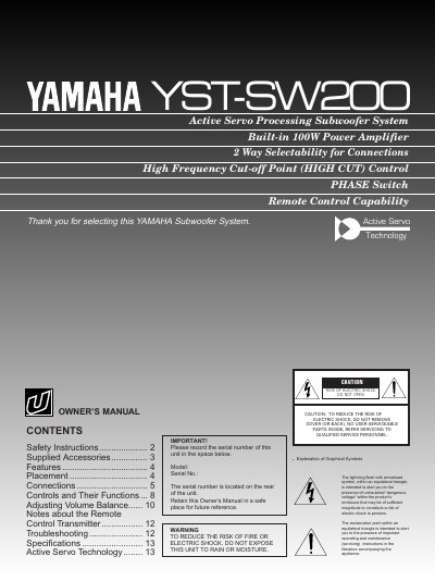 Yamaha YST-SW200 Subwoofer System Owner's Manual