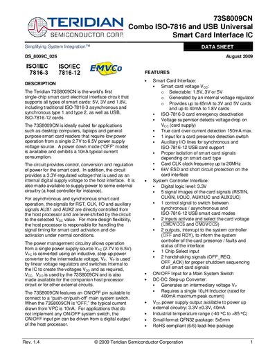 TERIDIAN 73S8009CN Combo ISO-7816 USB Universal Smart Card Interface IC handbook - cover page
