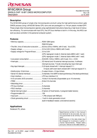 Renesas M16C/6KA Group Single-Chip 16-Bit CMOS Microcomputer Description Handbook - cover page
