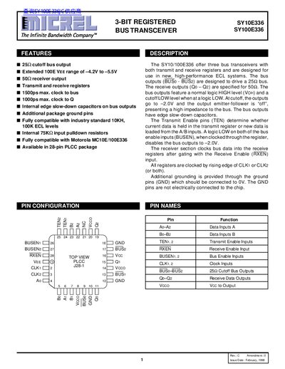 Micrel SY10E336 / SY100E336 3‑Bit Registered Bus Transceiver Datasheet - cover page