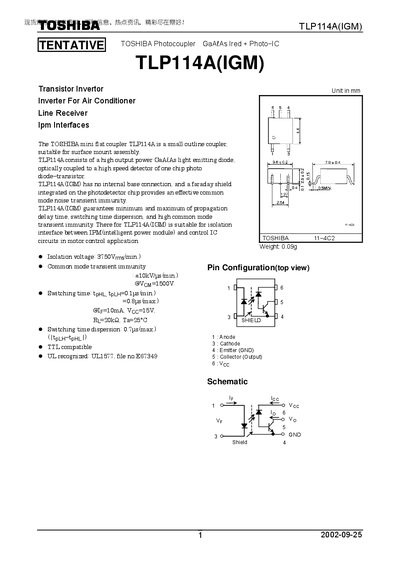 Toshiba TLP114A(IGM) Photocoupler Datasheet - cover page