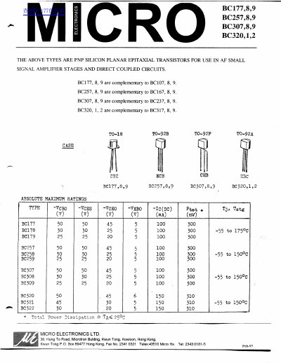 Micro Electronics BC177/BC257/BC307/BC320 Transistor Datasheet - cover page