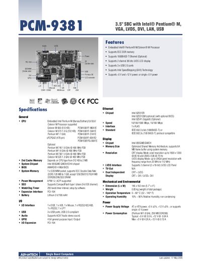 Advantech PCM-9381 Single Board Computer Manual - cover page