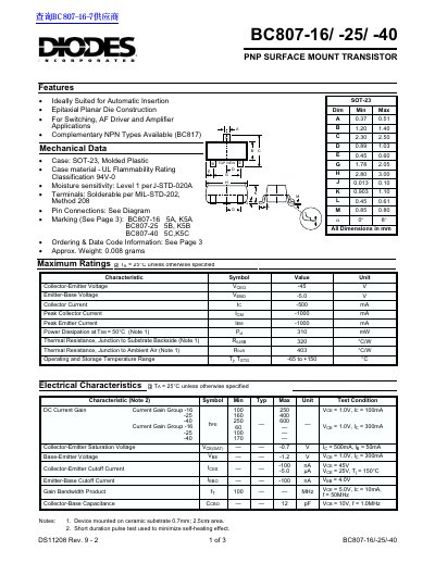Diodes Incorporated BC807-16/-25/-40 PNP Surface Mount Transistor Datasheet - cover page