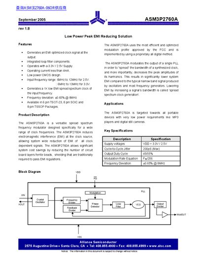 Alliance Semiconductor ASM3P2760A Low Power Peak EMI Reducing Solution Datasheet - cover page