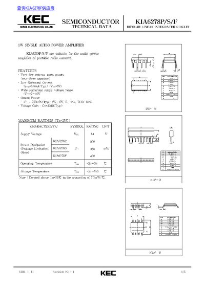 Korea Electronics KIA6278P/S/F Datasheet - cover page