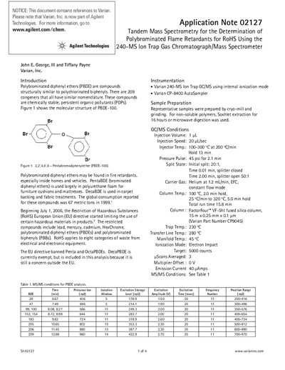 Agilent 240-MS Tandem Mass Spectrometry for PBDE Determination - cover page