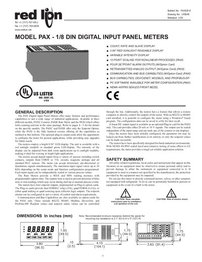 Red Lion PAX 1/8 DIN Digital Input Panel Meters User Manual - cover page
