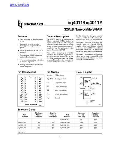 Benchmarq bq4011/bq4011Y 32Kx8 Nonvolatile SRAM Datasheet - cover page