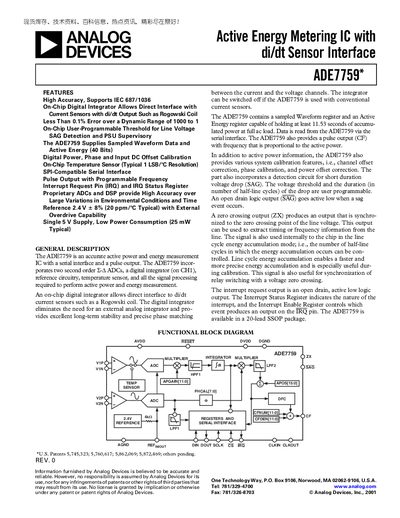 Analog Devices ADE7759 Active Energy Metering IC Handbook - cover page