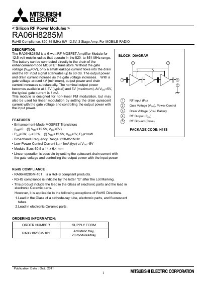 Mitsubishi Electric RA06H8285M RF Power Module Datasheet - cover page